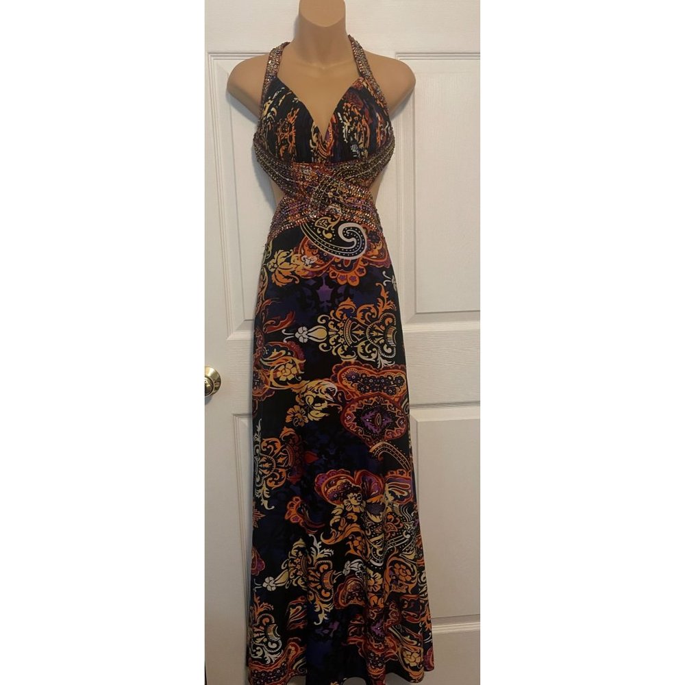 Jovani Formal Dress Gown Beaded with Cutouts Open Back Size 0